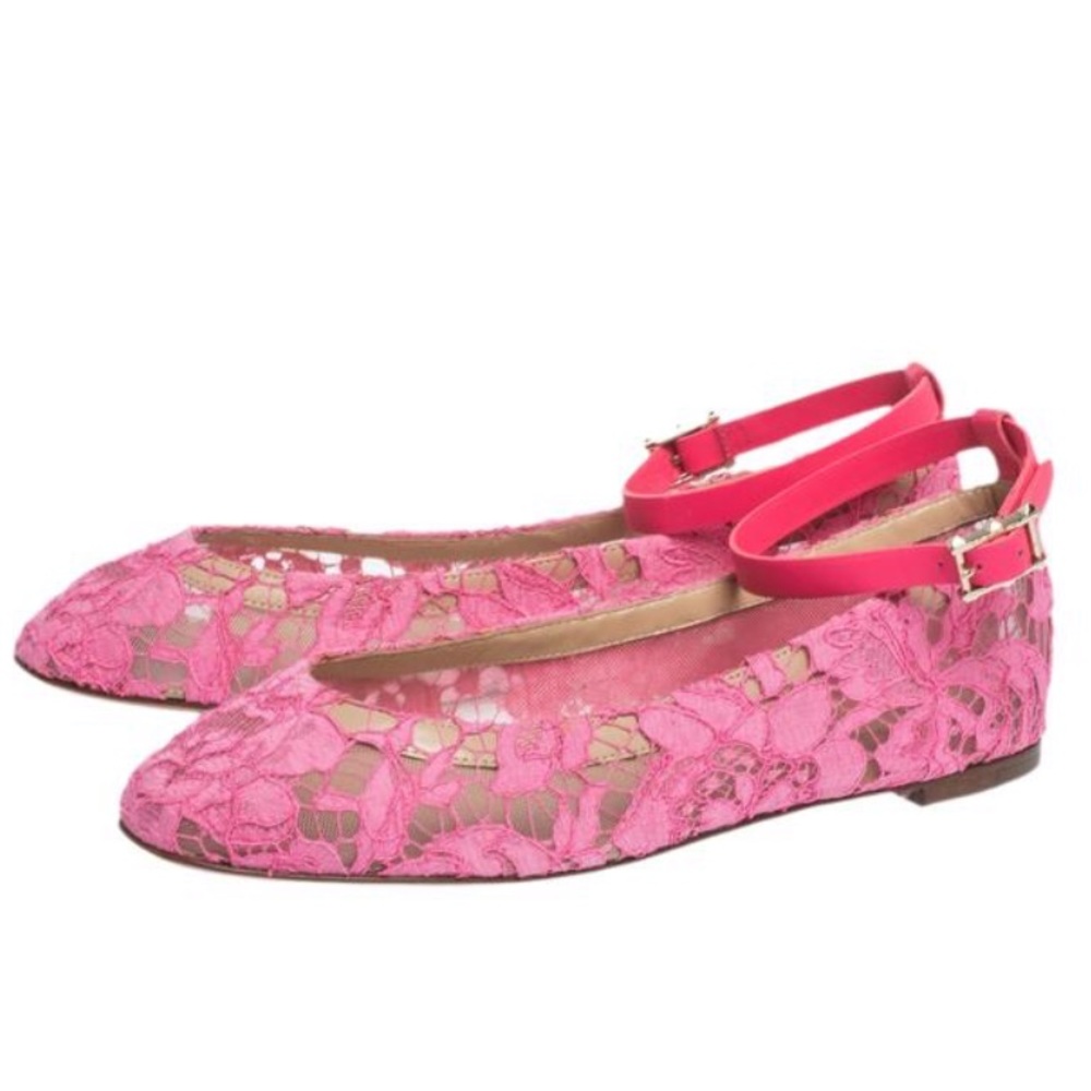Valentino Pink Lace Ankle Strap Flats